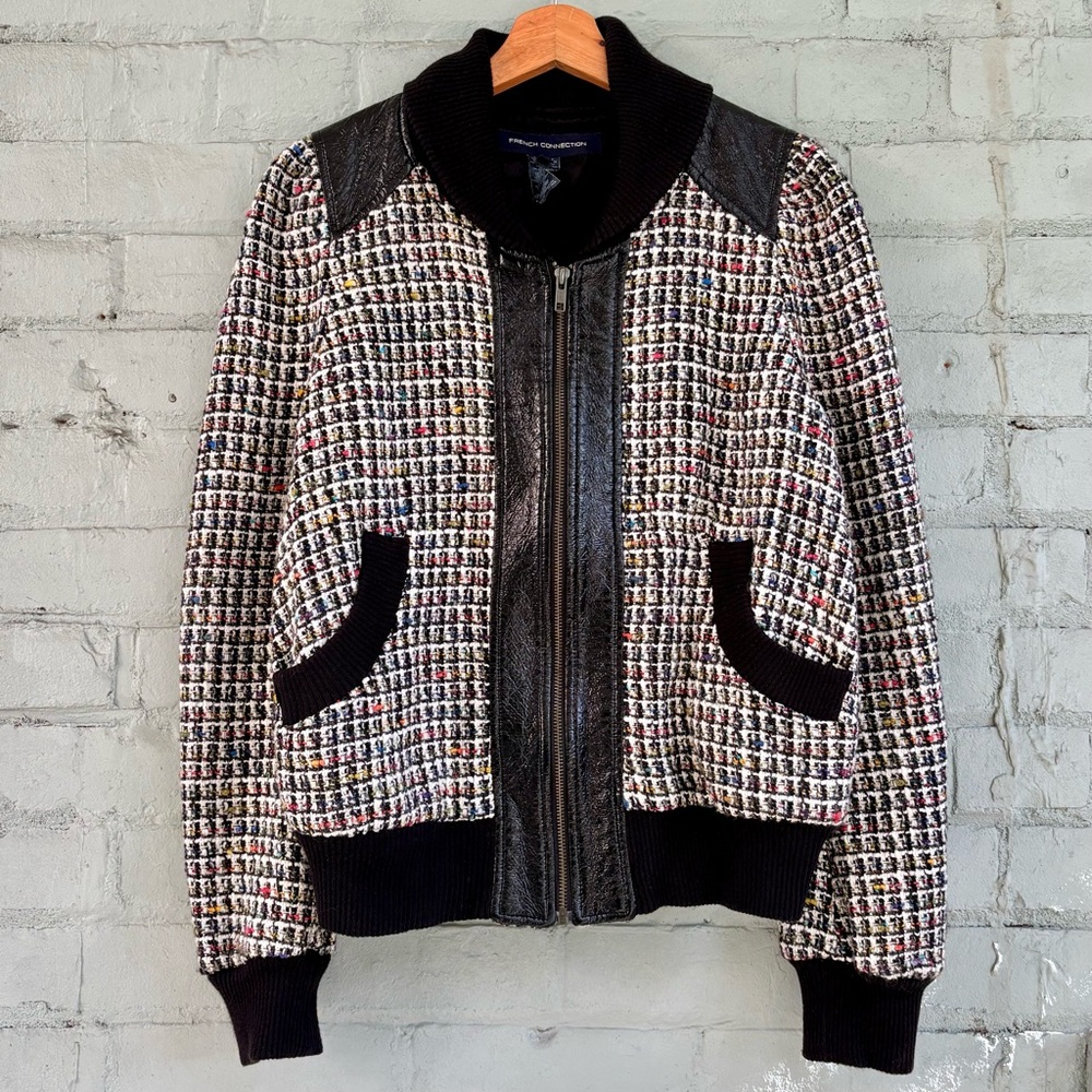 Tweed and Faux Leather Bomber Jacket - French Connection - Picture 6 of 11
